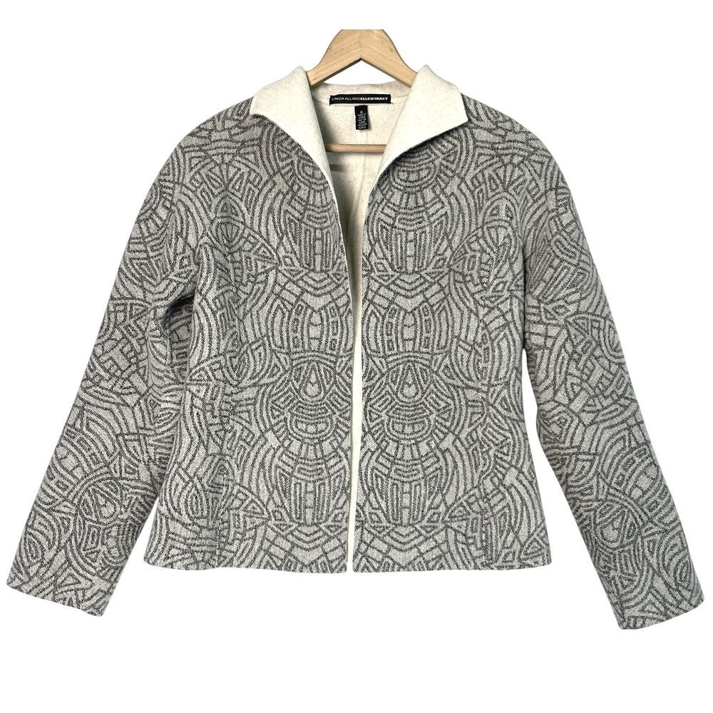 Linda Allard Ellen Tracy 100% Wool Blazer Cardigan size 6 Gray Geometric